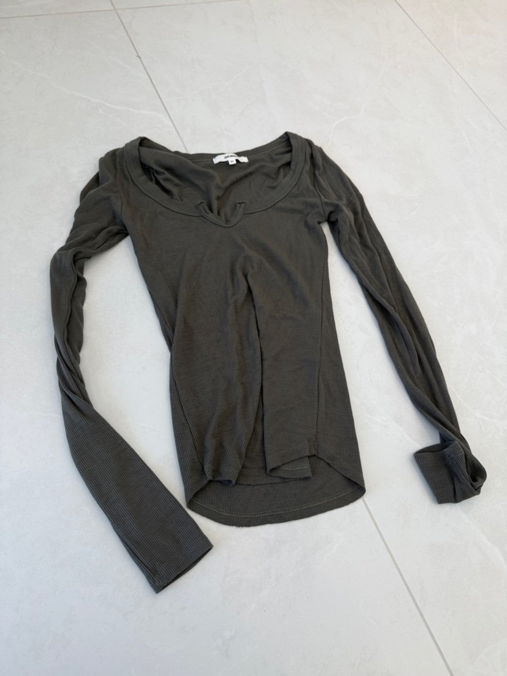 Joah Brown Olive Ribbed Long Sleeve Scoop Neck Top